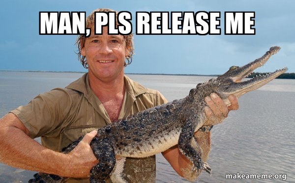 A man holding a smaller crocodile in his hands. The caption above them: 'Man, please release me'
